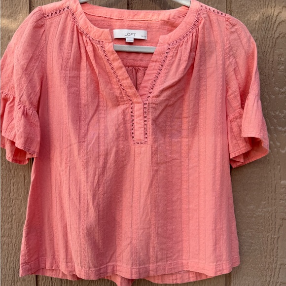 LOFT Tops - LOFT Pink Striped Ruffle Sleeve Split Neck Blouse Women Petites XSP Cotton
